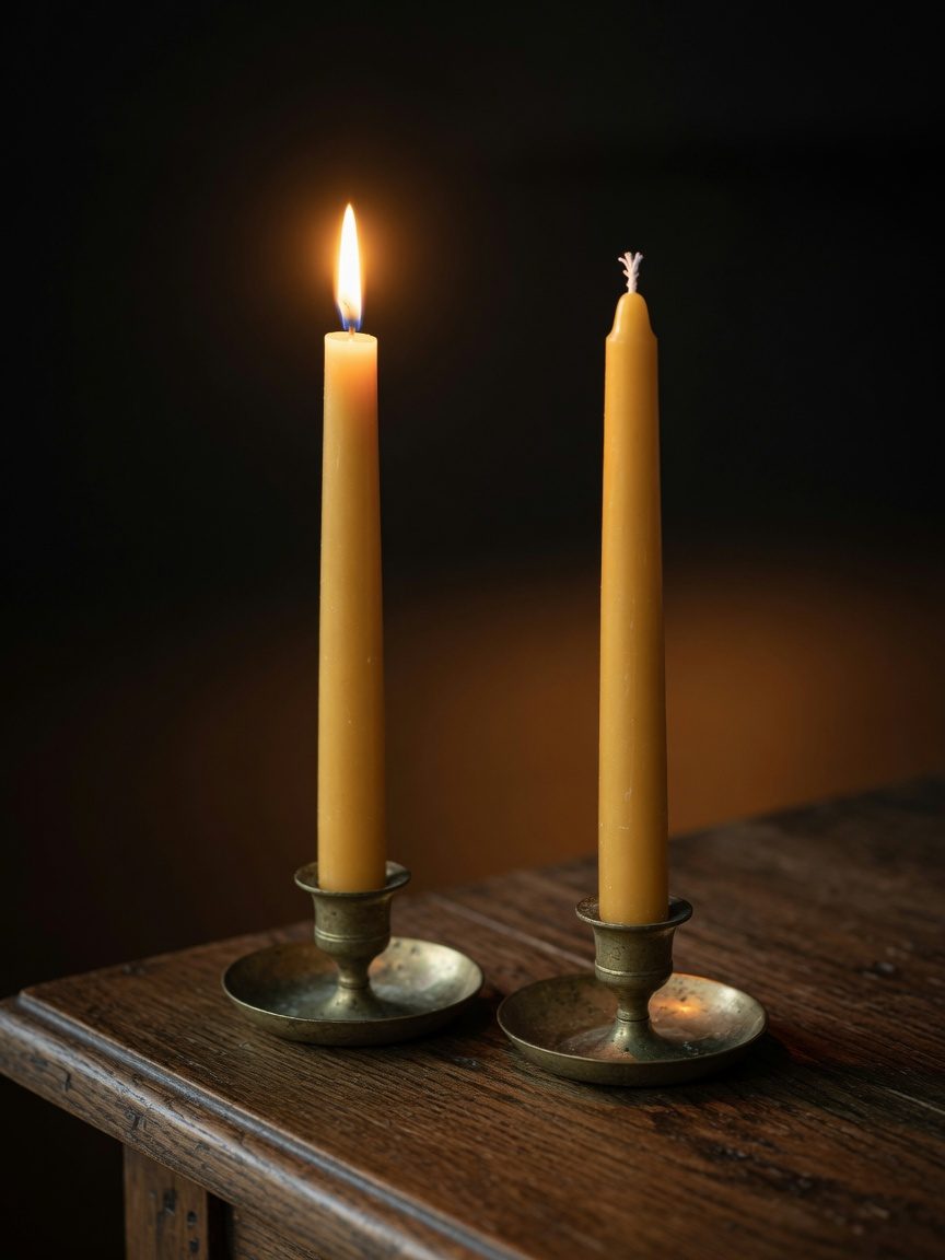 Two honey-gold beeswax tapers in brass holders on a dark table, one lit and one unlit with a white wick.